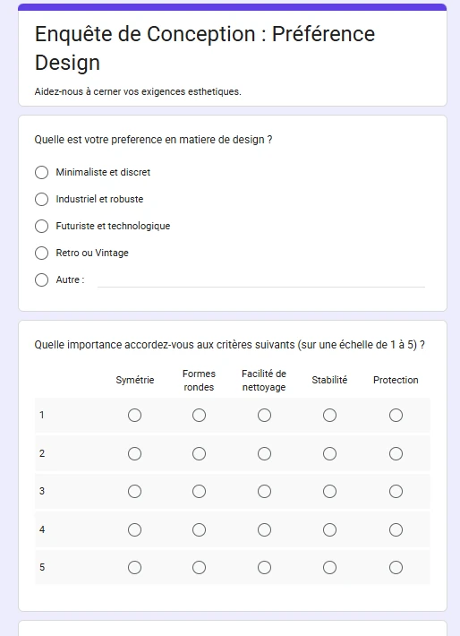 Questionnaire de préférence design soumis au client